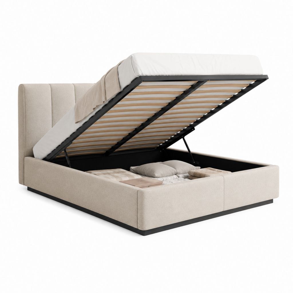 Lit coffre 160 x 200 cm beige en polyester avec sommier à lattes et ouverture hydraulique rectangulaire