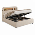 Lit coffre 160 x 200 cm beige en polyester avec tête de lit à étagère et sommier relevable