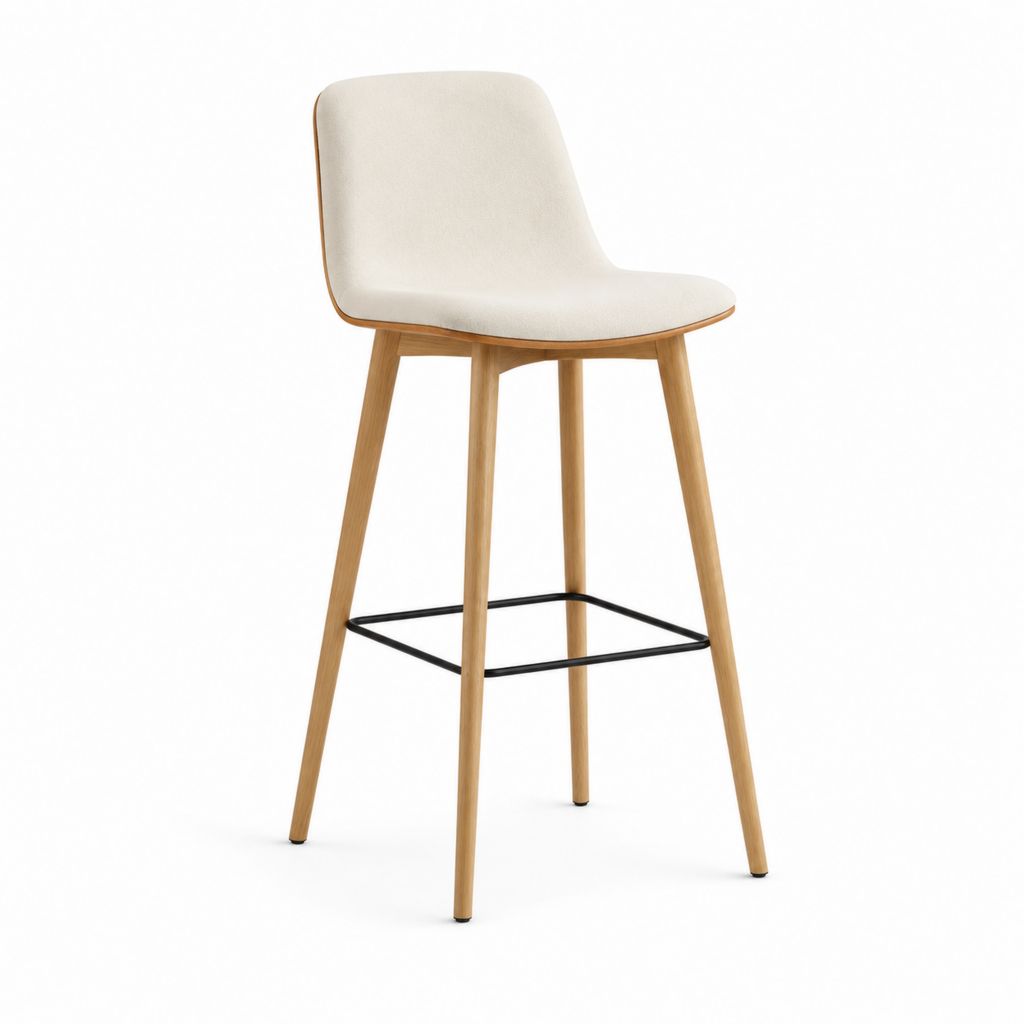Tabouret de bar à dossier arrondi écru en polyester pieds en chêne 49 x 53 x 102 cm