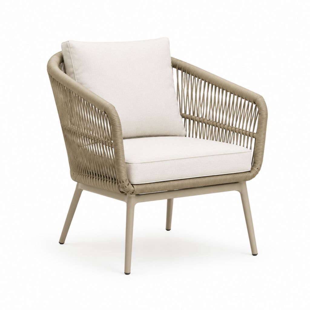 Fauteuil de jardin beige en aluminium et corde PE avec coussins 66 x 72 x 82 cm