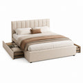 Lit avec rangement 160 x 200 cm beige en polyester avec tête de lit capitonnée et 2 tiroirs latéraux