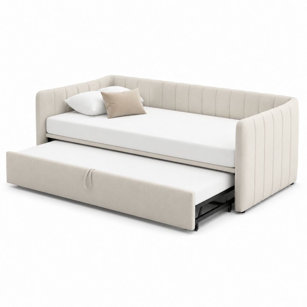 Lit gigogne 2 couchages beige en polyester avec sommier coulissant 90 x 200 cm 215 x 102 x 80 cm