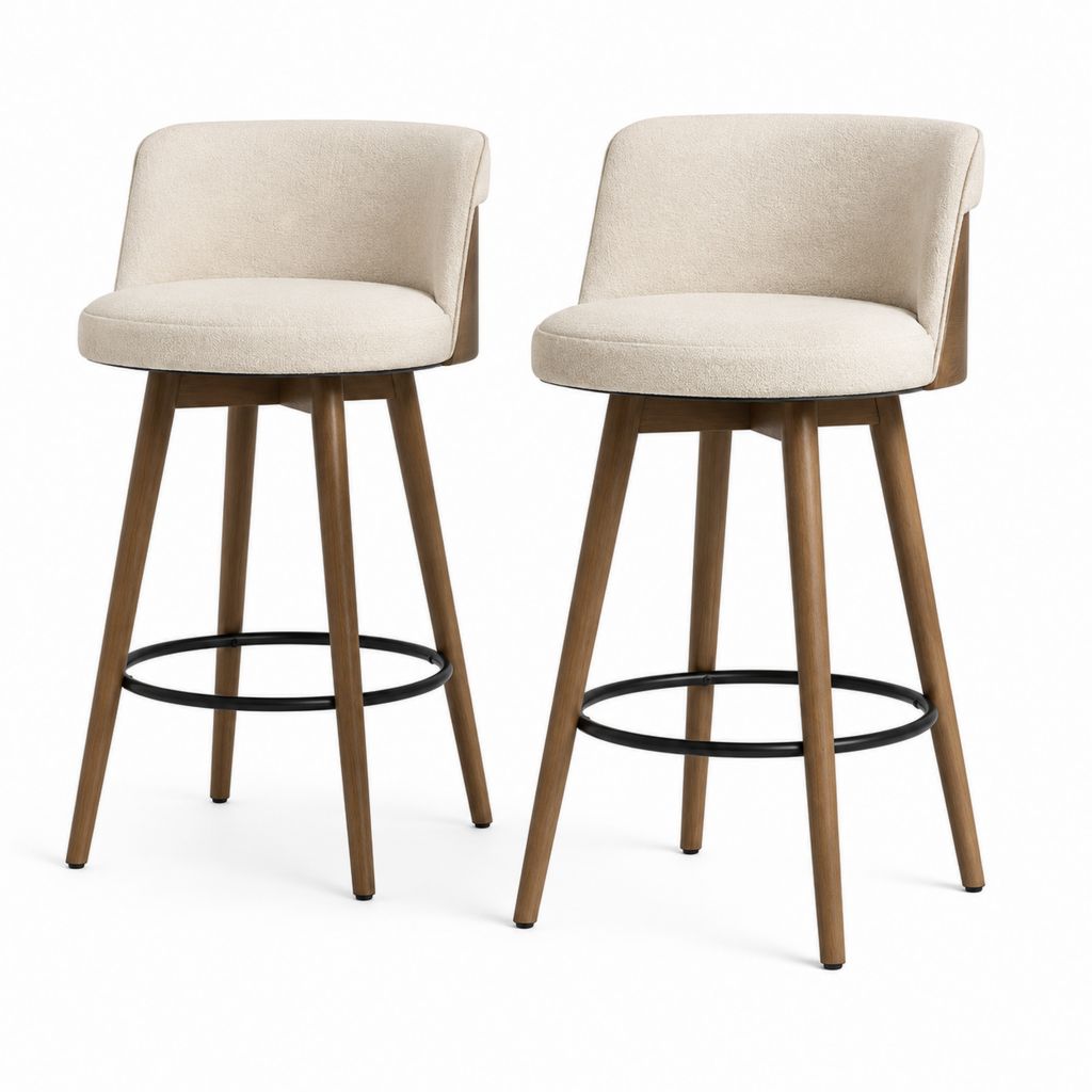 Lot de 2 tabourets de bar beige en polyester bouclette avec pieds en bois d'hévéa 50 x 53 x 98 cm