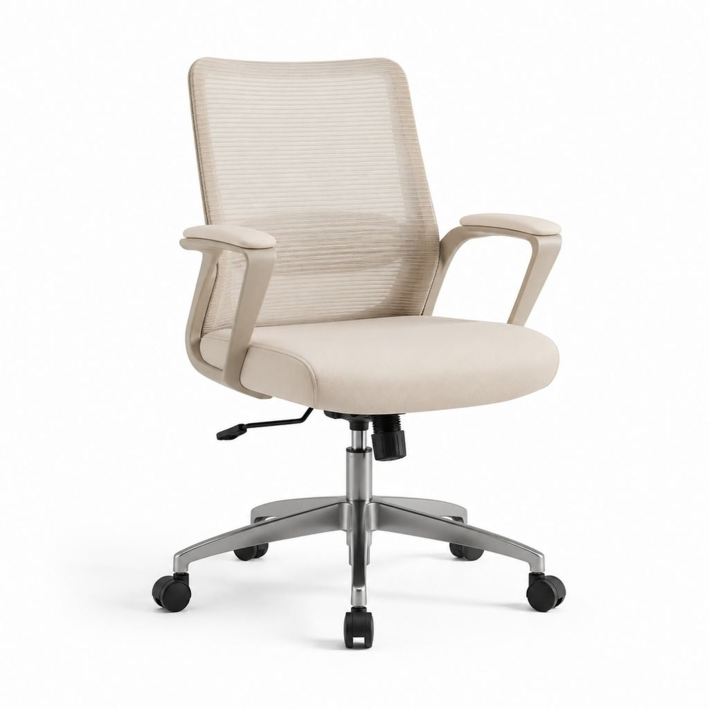 Chaise de bureau ergonomique beige à dossier en maille polyester avec accoudoirs et roulettes 63 x 63 x 104-114 cm