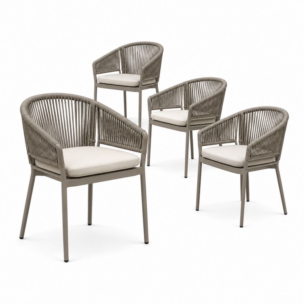Lot de 4 fauteuils de jardin taupe en aluminium et corde polypropylène avec coussins 57 x 60 x 78 cm