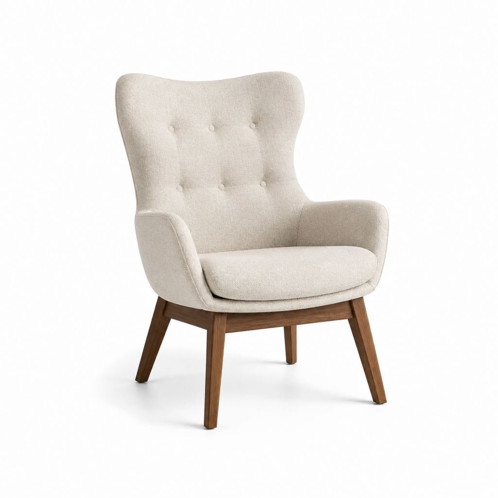 Fauteuil à oreilles beige en polyester bouclette avec pieds en bois massif 76 x 82 x 101 cm