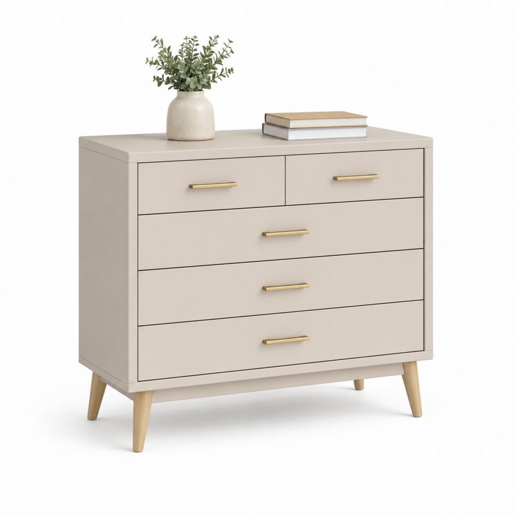 Commode basse 5 tiroirs beige en panneaux MDF rectangulaire 100 x 40 x 85 cm