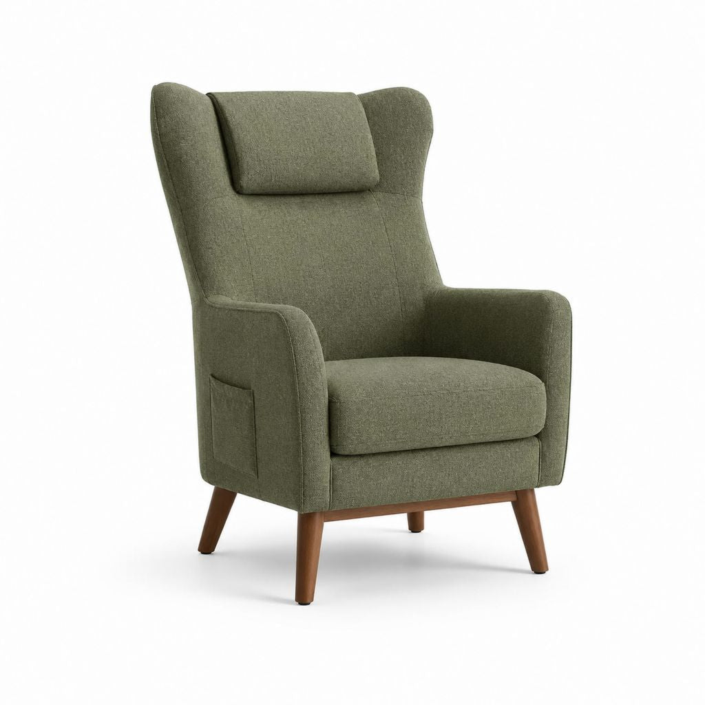 Fauteuil à oreilles vert olive en polyester pieds en hévéa massif 76 x 86 x 105 cm
