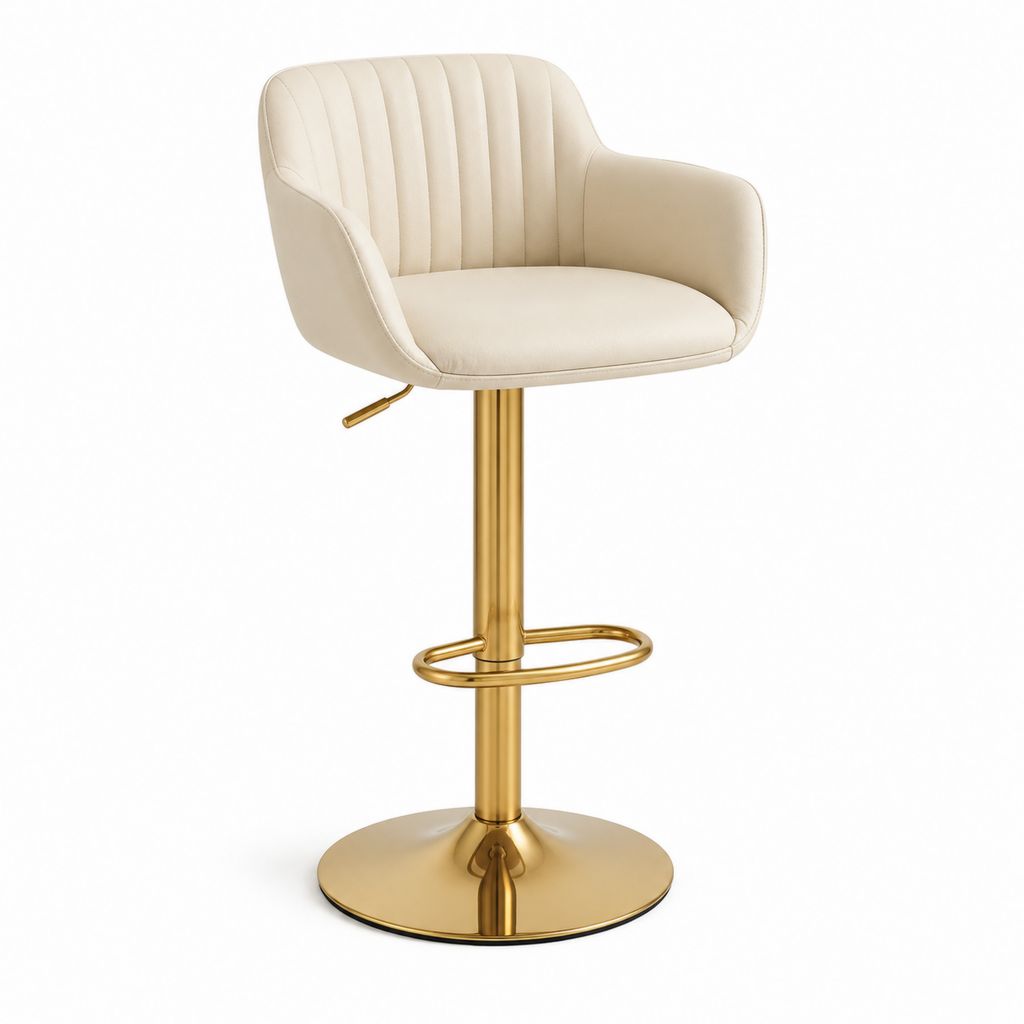 Tabouret de bar réglable pivotant crème en cuir synthétique PU avec pied doré 50 x 55 x 90-110 cm