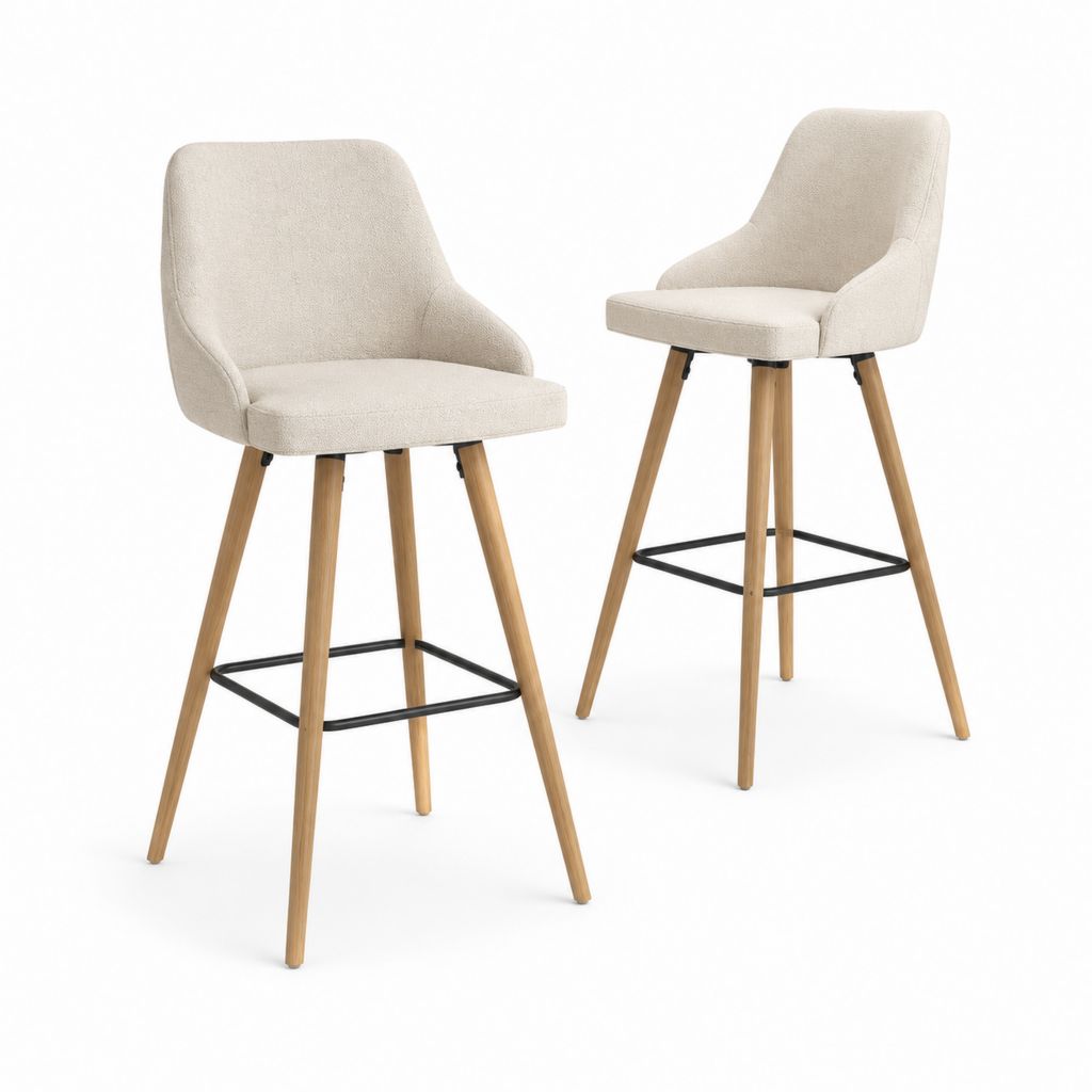Lot de 2 tabourets de bar beige en polyester et bois massif avec accoudoirs 48 x 55 x 96 cm