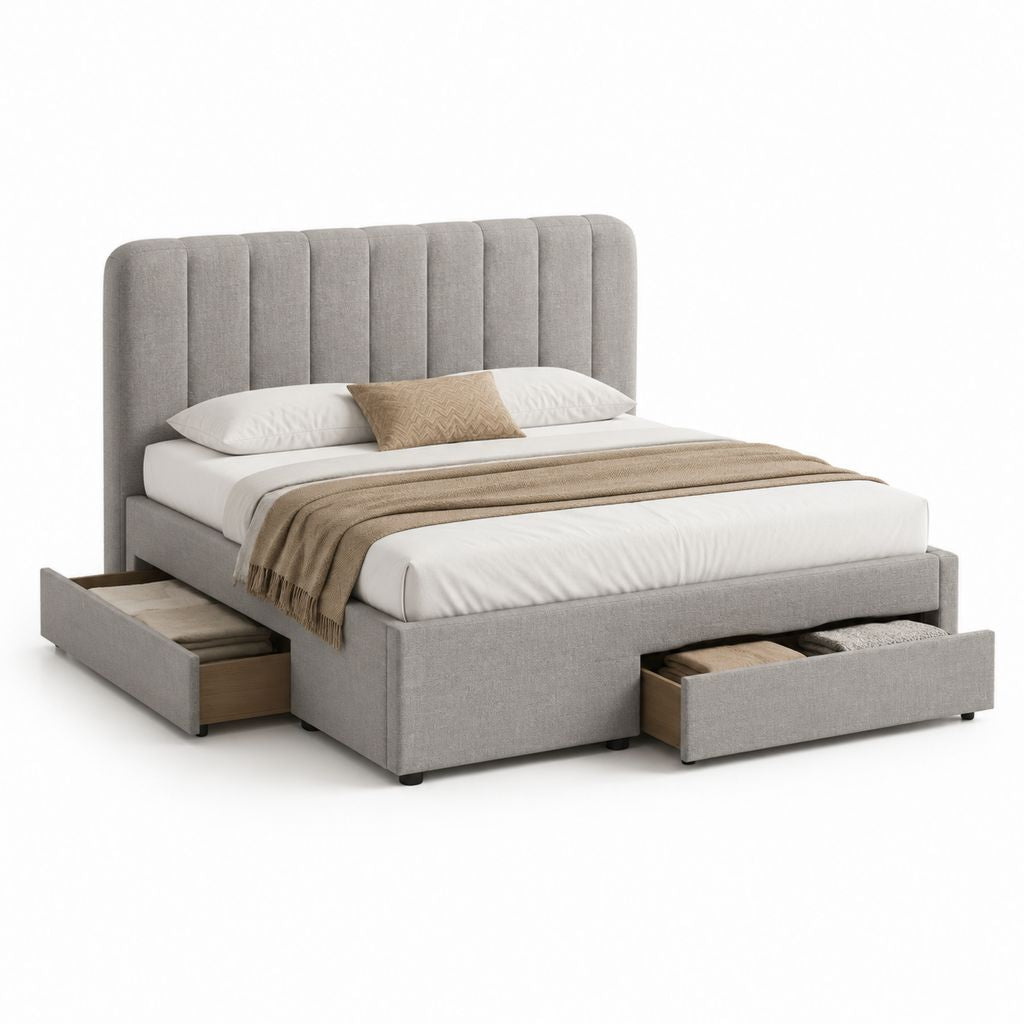 Lit coffre 160x200 cm gris en polyester avec 2 tiroirs de rangement