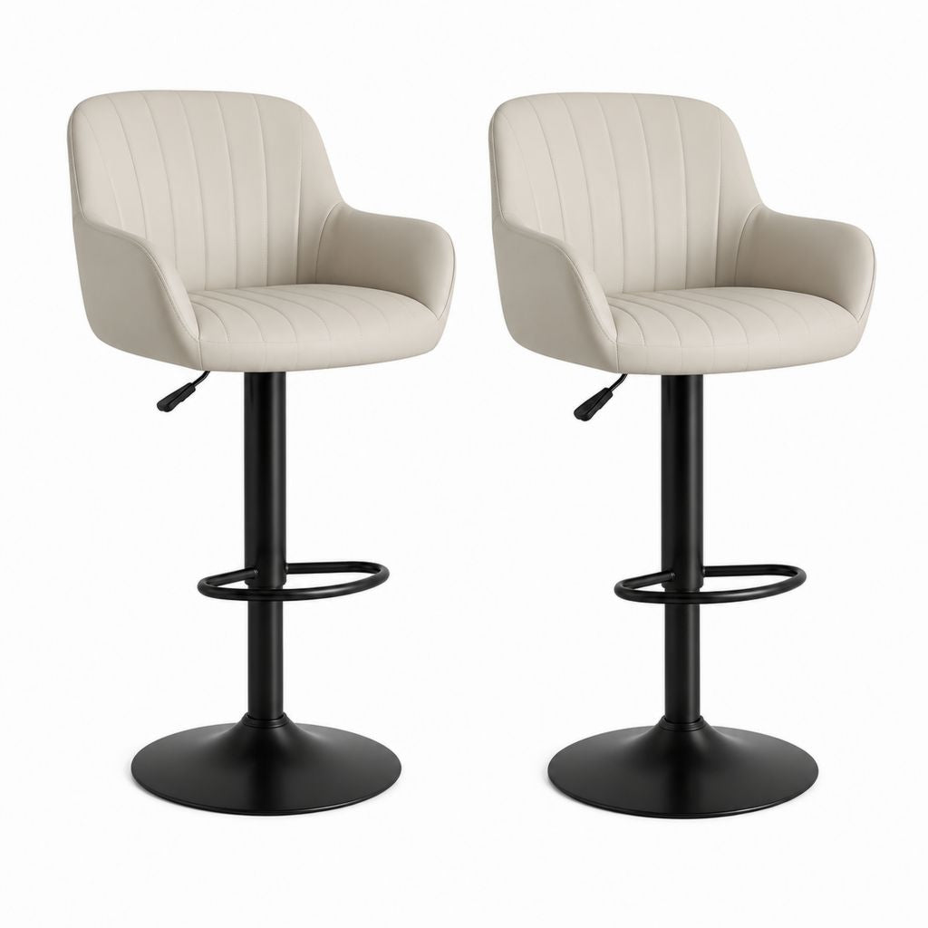 Lot de 2 tabourets de bar réglables crème en PU avec accoudoirs et piètement acier noir 52 x 54 x 88-109 cm
