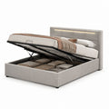 Lit coffre double gris en polyester avec tête de lit LED 160 x 200 cm