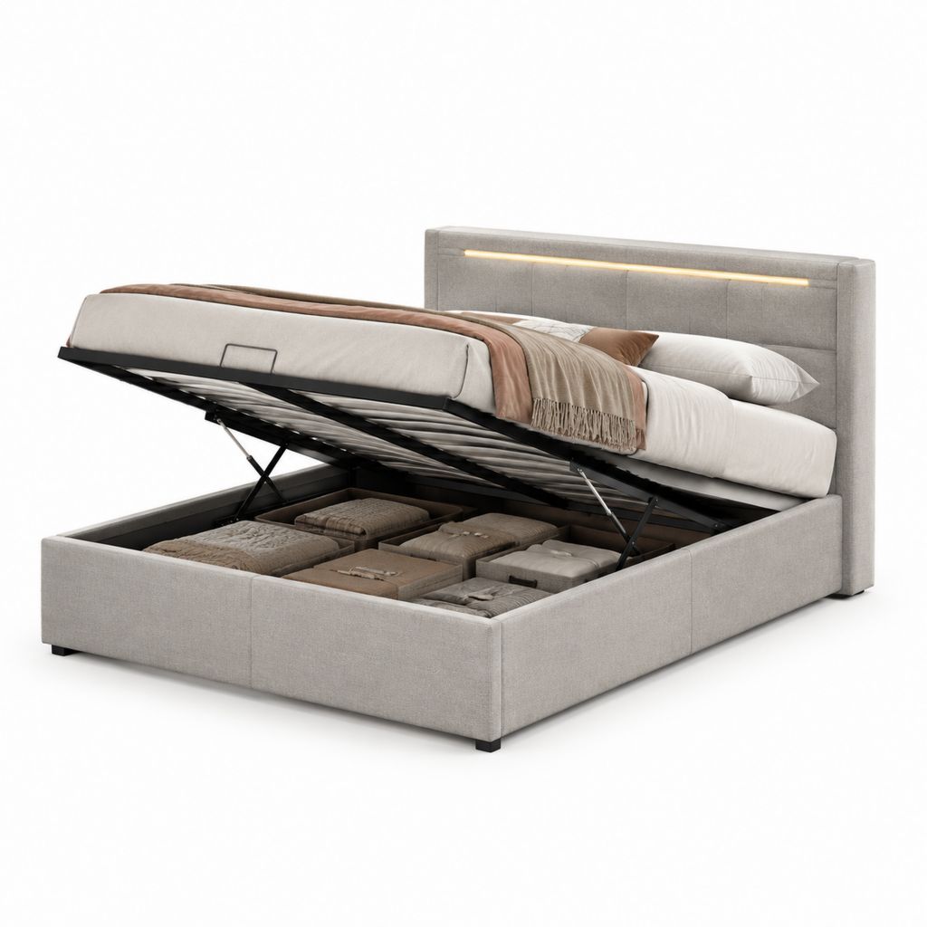 Lit coffre double gris en polyester avec tête de lit LED 160 x 200 cm