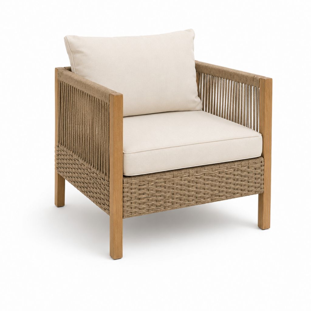 Fauteuil de jardin beige en bois d'acacia et corde tressée 75 x 80 x 80 cm
