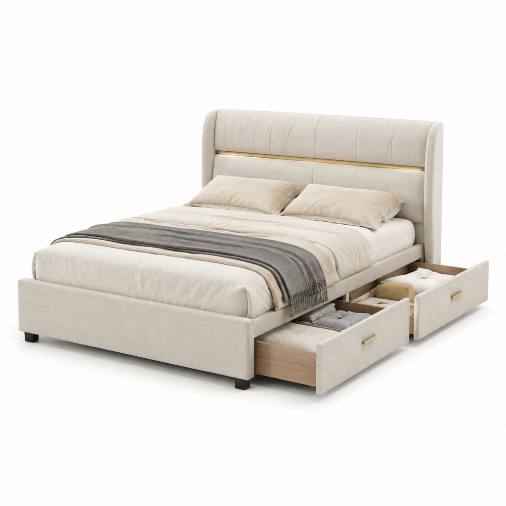 Lit double avec rangement beige en polyester 160 x 200 cm