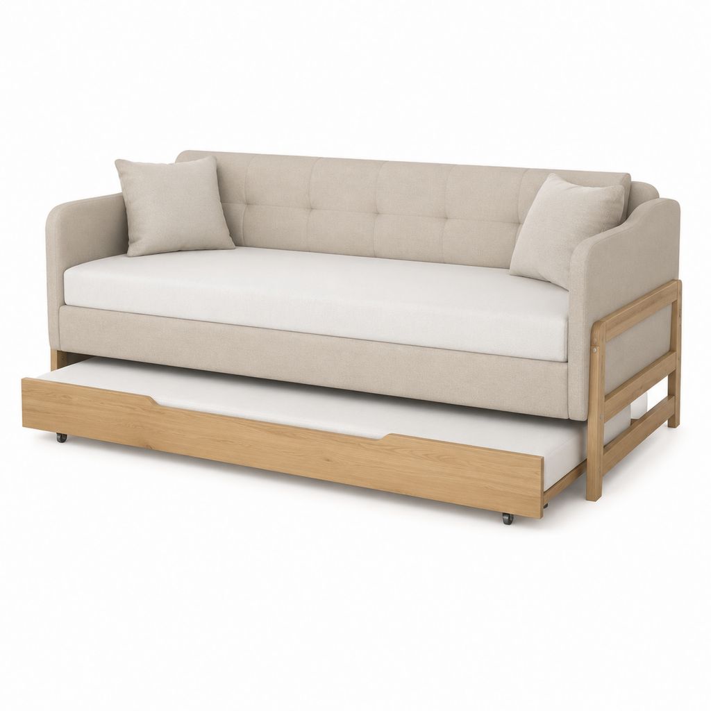 Canapé-lit gigogne 2 places beige en pin massif et polyester 200 x 90 cm