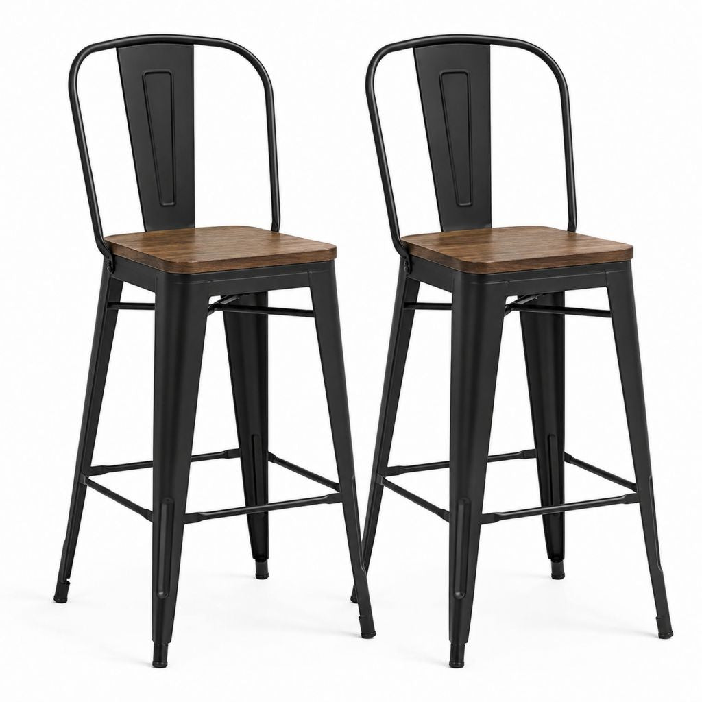 Lot de 2 tabourets de bar industriels noir et marron en acier et MDF assise carrée 43 x 43 x 100 cm