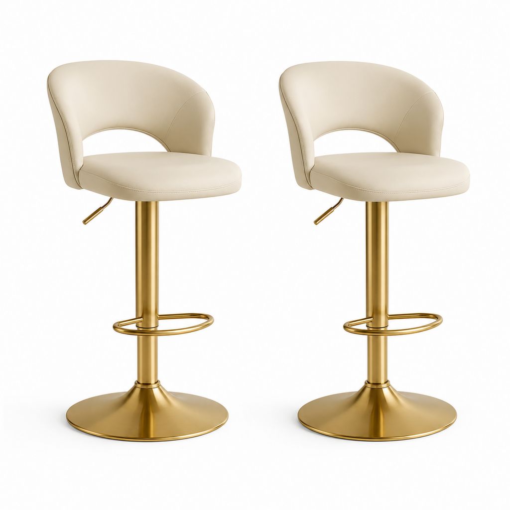 Lot de 2 tabourets de bar réglables crème en polyuréthane avec base ronde dorée 50 x 54 x 86-107 cm