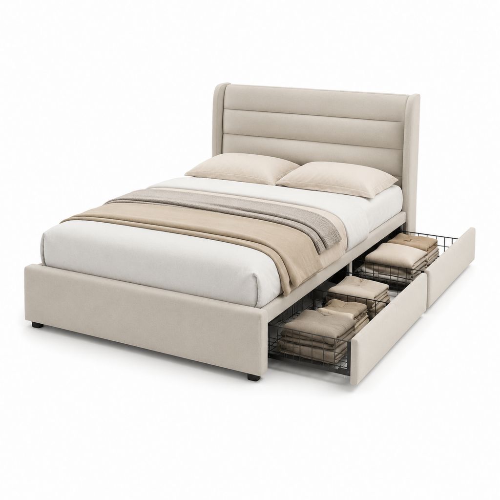 Lit double avec rangement beige en polyester 160 x 200 cm