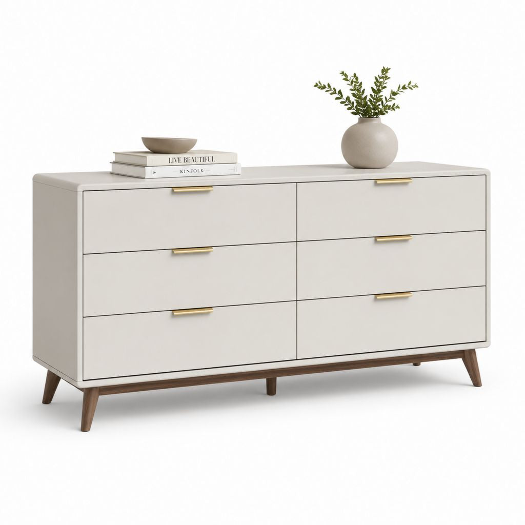 Commode basse 6 tiroirs blanc cassé en MDF 150 x 45 x 80 cm